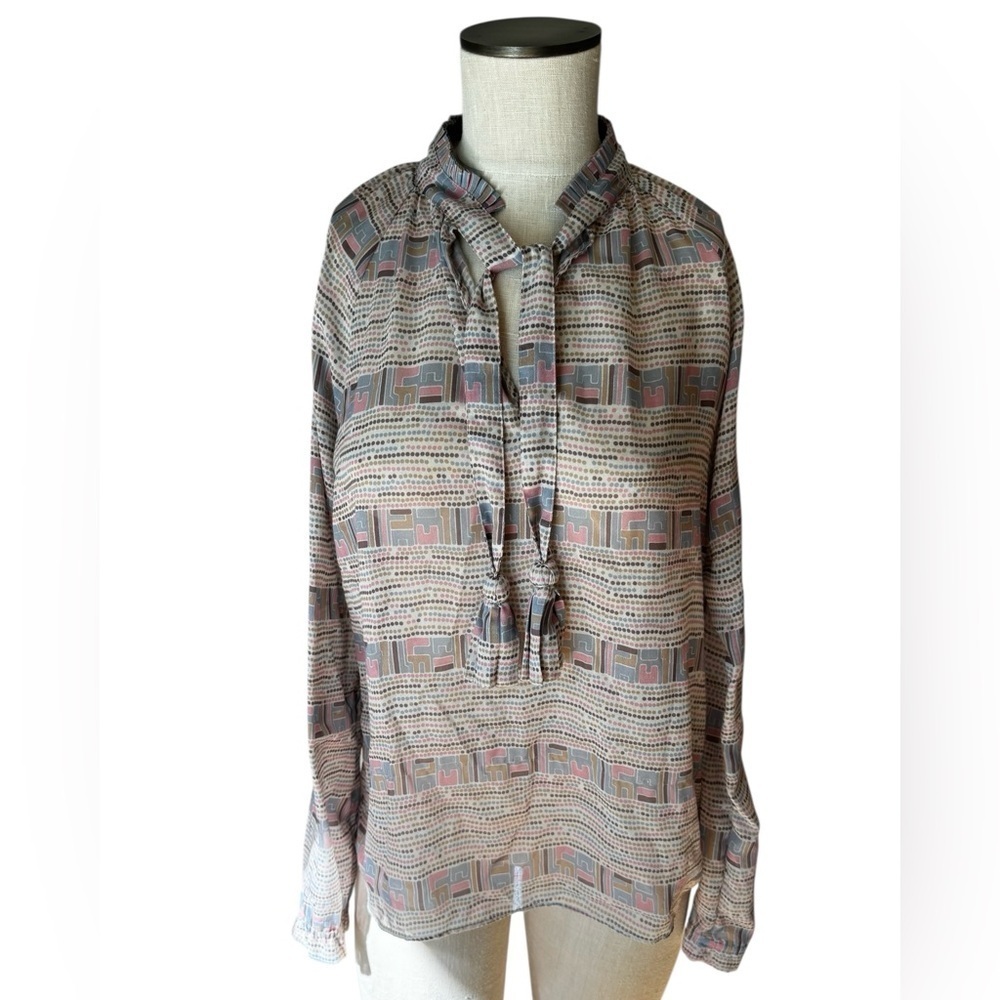Calypso St Barth Boho Spotted Print Tie Neck Long Sleeve Peasant Blouse Sz S